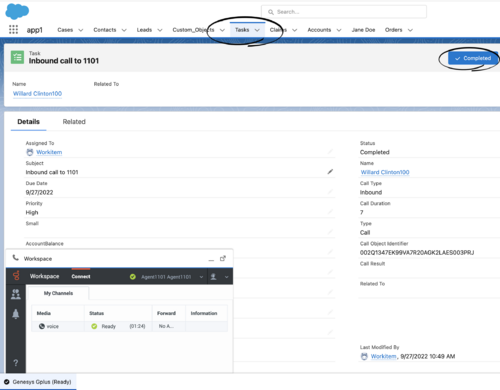 Displayed Salesforce activity task next to Agent Workspace.