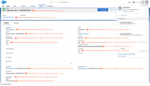 Annotated screen shot showing the correspondence between Salesforce Activity fields and Gplus Adapter fields.