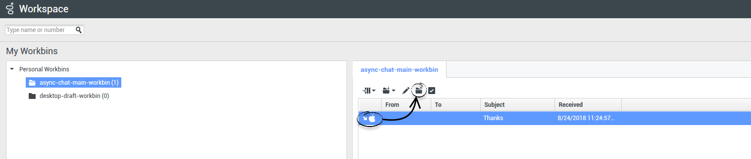 The My Workbins view displaying an Apple Messages for Business interaction with the Open button highlighted.