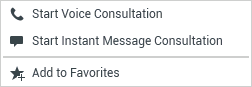 A screenshot of the options available in the Consultation Call menu. Options include: Start Voice Consultation, Start Instant Message Consultation, and Add to Favorites.