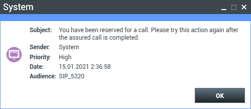 Outbound system alert informing an agent that they are reserved for a call.
