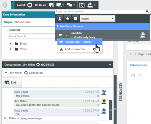 Team communicator displaying current consultation party as default for Instant Transfer