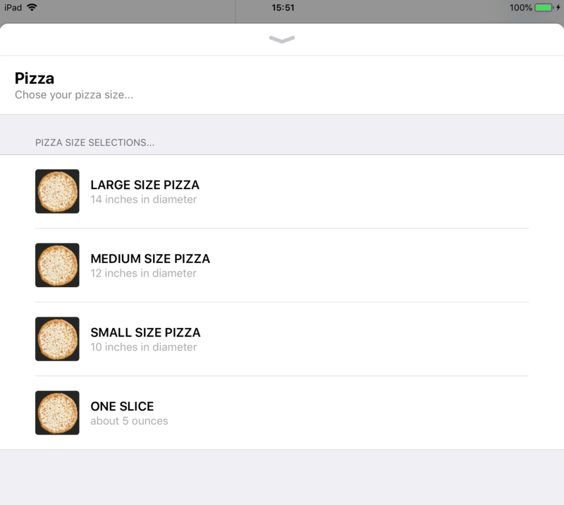 Example: Pizza size menu in Apple Business Chat