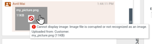 Warning icon and tooltip that reads "Cannot display image. Image file is corrupted or not recognized as an image."