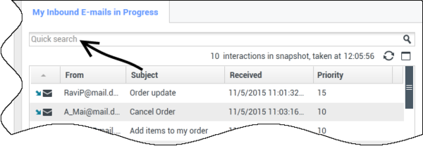 The Quick Search field in the My Inbound E-mails in Progress view.