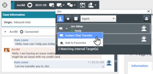 Finding an internal target for a chat transfer in the active Chat Interaction window