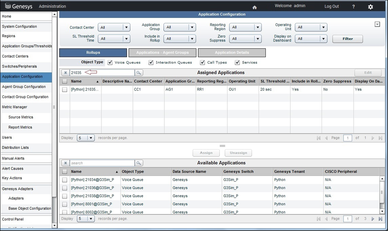 Application Configuration Page, Rollups tab